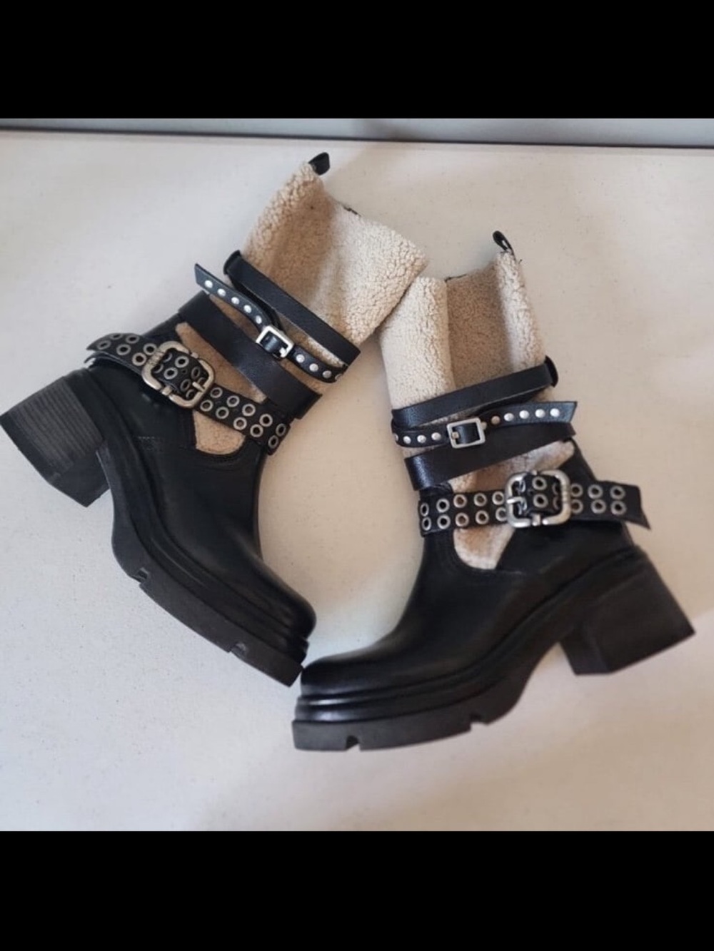 A.S.98 Emmons Shearling & Black Leather Moto Boots w/ Buckle Straps, Biker, 8.5 - Picture 10 of 12